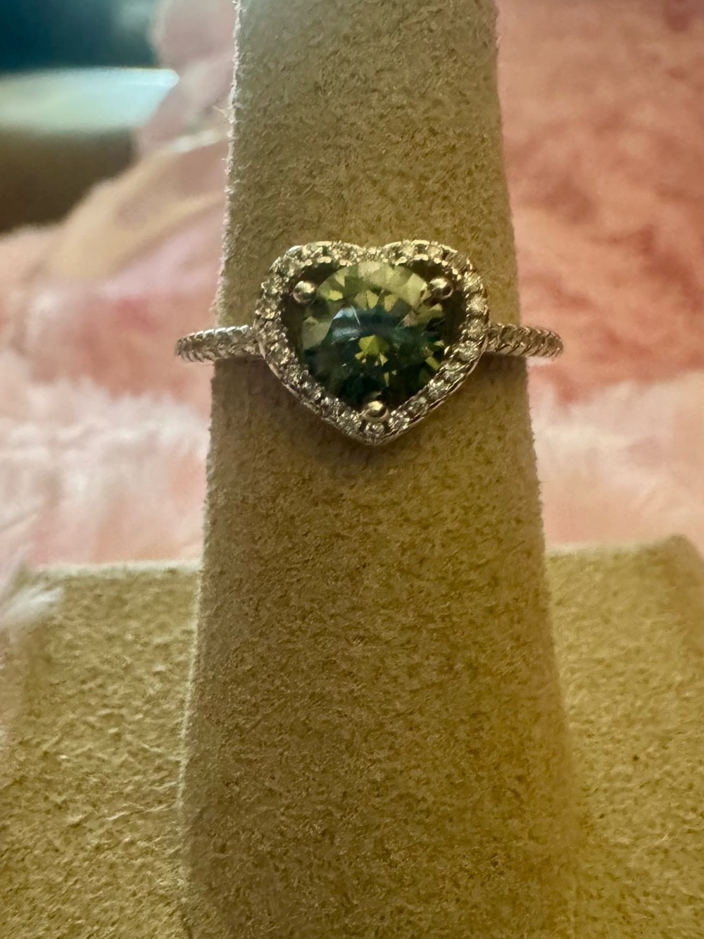 Moissanite Heart Halo Ring with Green Center Stone - Women Jewelry